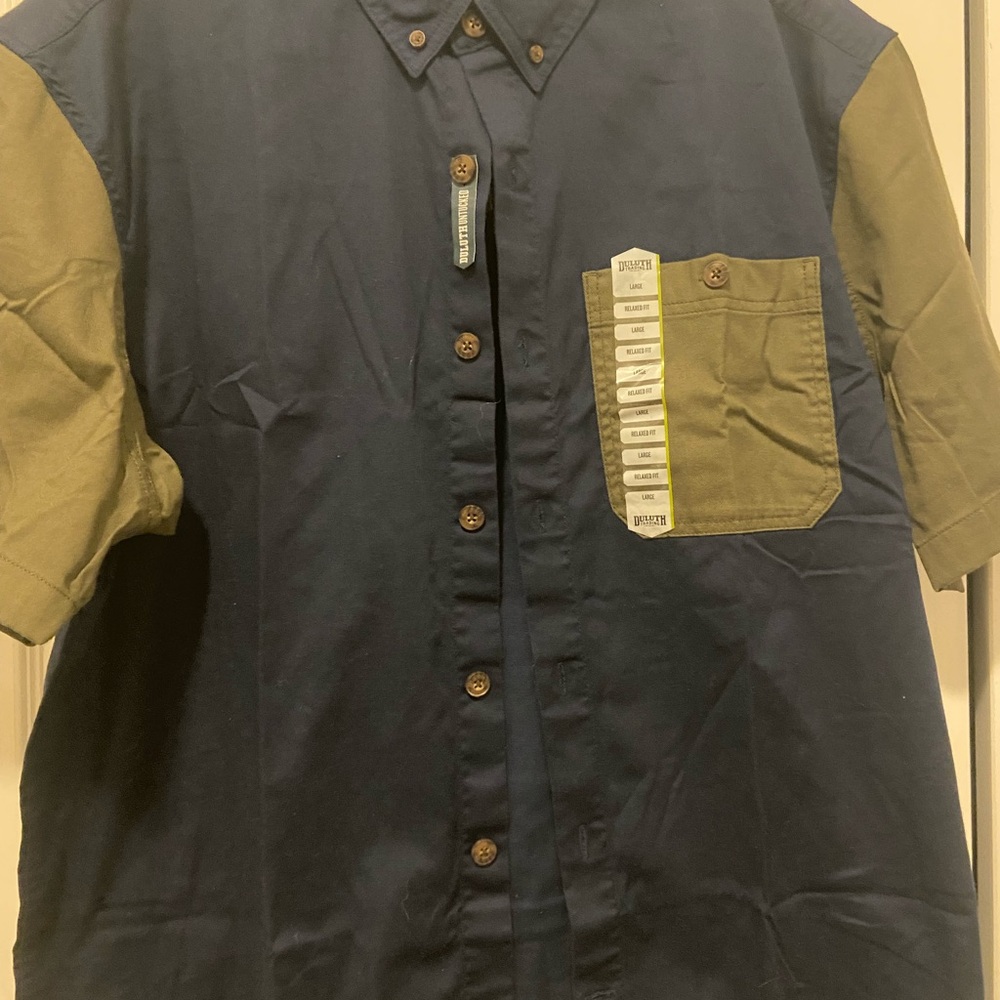 Duluth Trading Co Blue and Green Button Down Shirt
